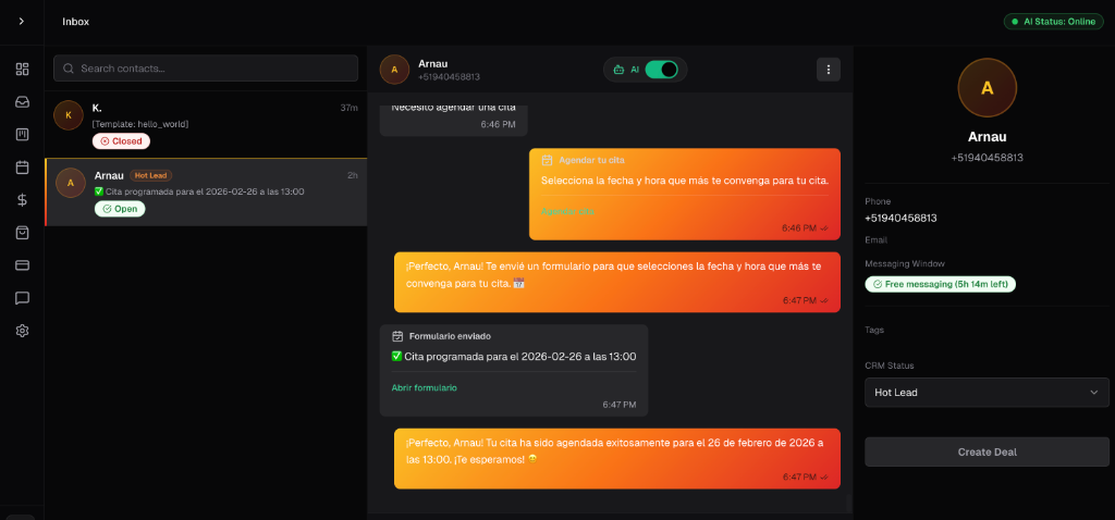 Dashboard de InvokerOS — Agente autónomo de ventas con IA para WhatsApp mostrando pipeline Kanban y chat automatizado